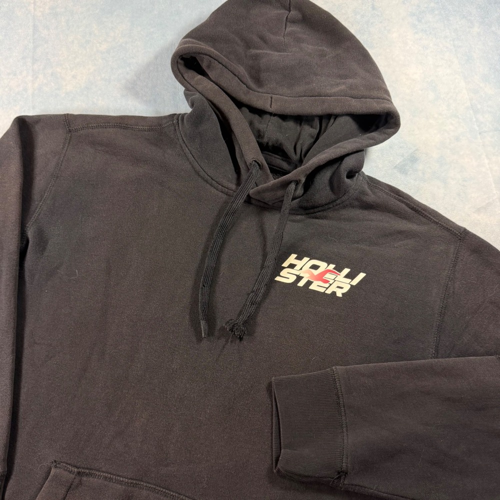 Hollister Hoodie Mens Small Black Good Graphic Logo Pullover Fleece Sweatshirt